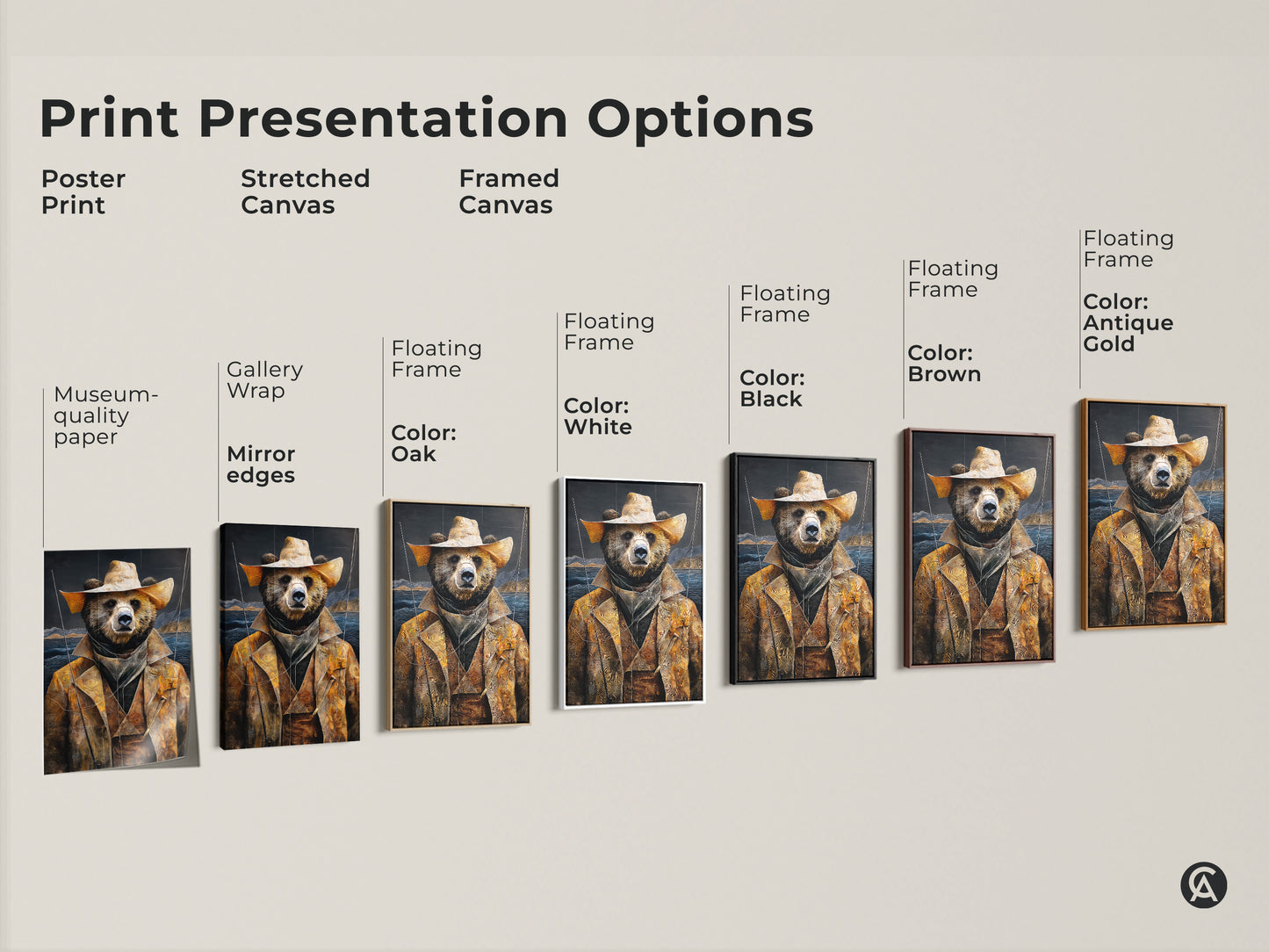 Print presentation options showcasing poster prints stretched canvas and framed canvas. See the golden yellow bear cowboy art available in museum-quality paper. Choose your preferred earthy tones landscape option now.