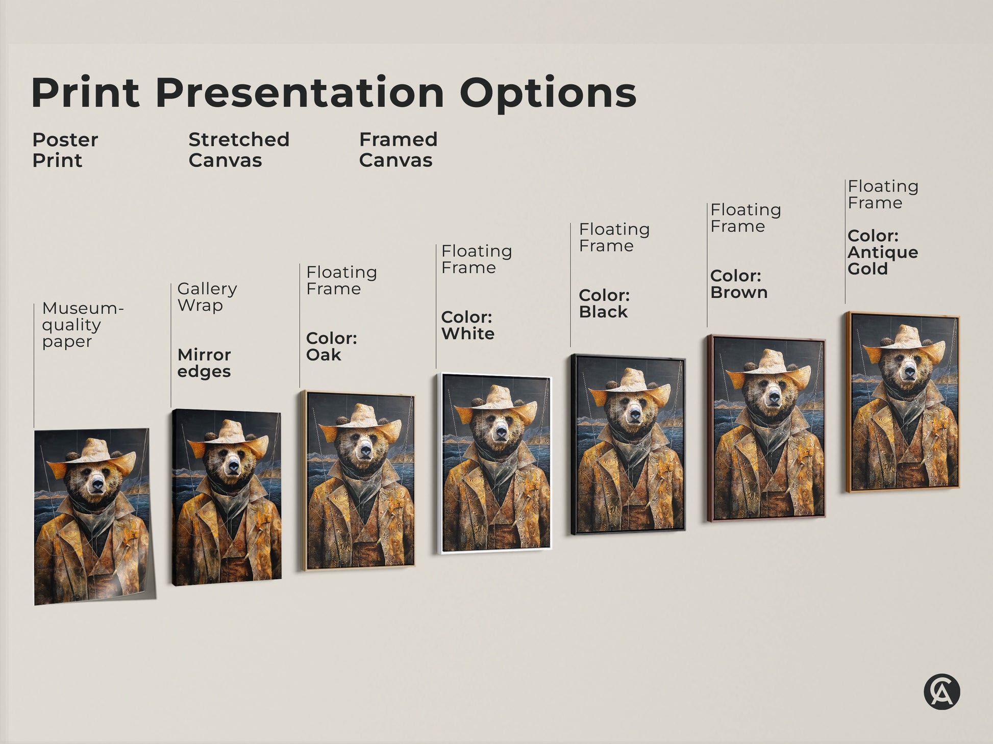 Print presentation options showcasing poster prints stretched canvas and framed canvas. See the golden yellow bear cowboy art available in museum-quality paper. Choose your preferred earthy tones landscape option now.
