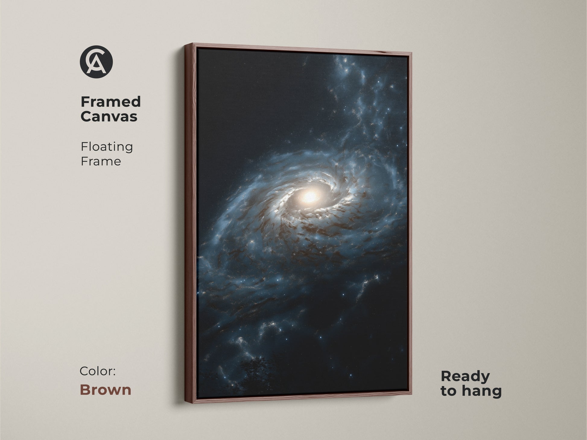 Framed canvas with a floating brown frame featuring deep blue galaxy nebula art. Ready to hang this contemporary artwork is perfect for adding cosmic style to your home. A unique gift for sci-fi fans and astronomy enthusiasts.