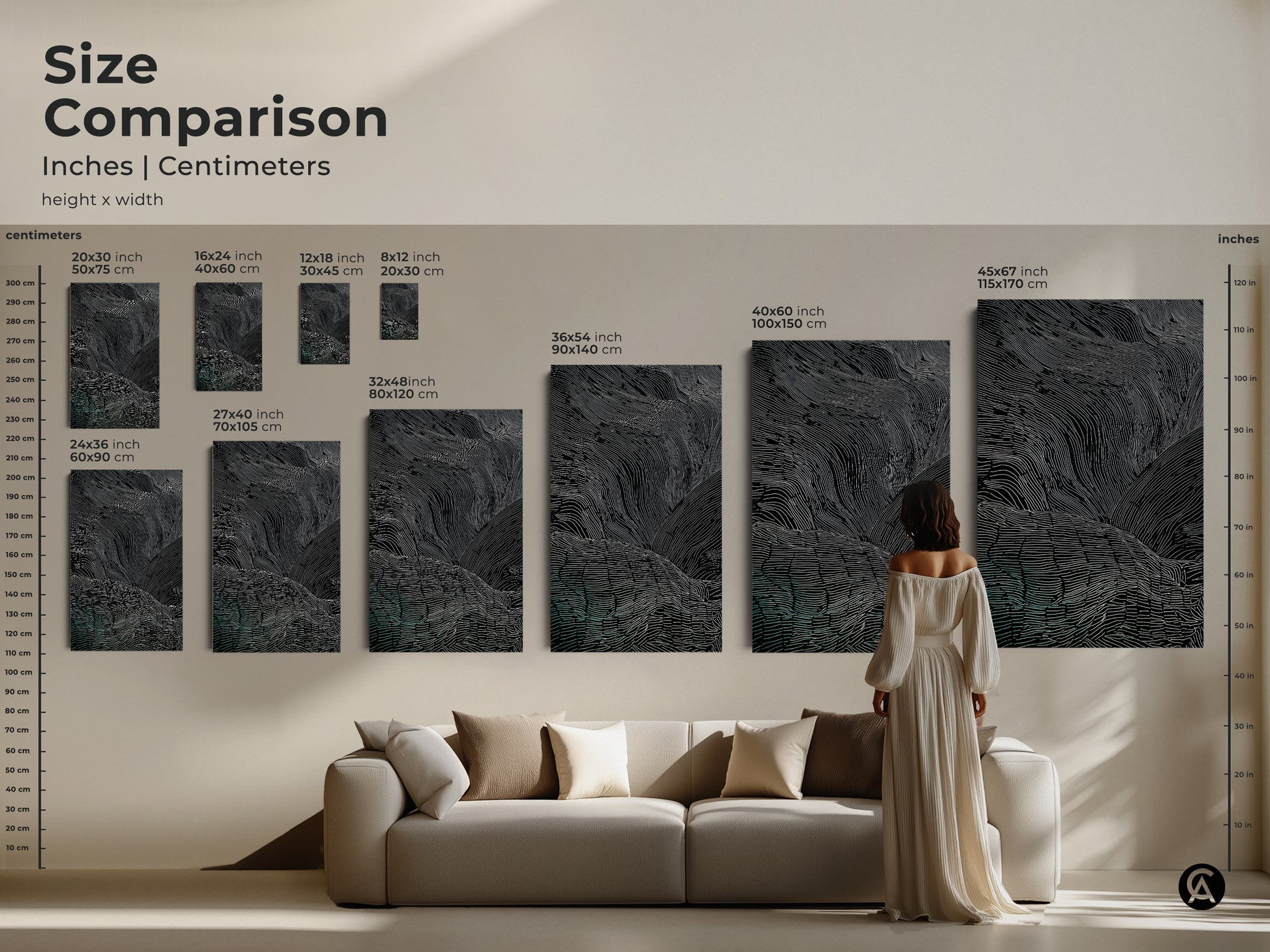 A size comparison chart shows the abstract line art in inches and centimeters. The canvas and poster sizes range from small to large. A model and sofa are included for scale. It helps to visualize the art in a living room setting.