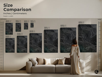A size comparison chart shows the abstract line art in inches and centimeters. The canvas and poster sizes range from small to large. A model and sofa are included for scale. It helps to visualize the art in a living room setting.
