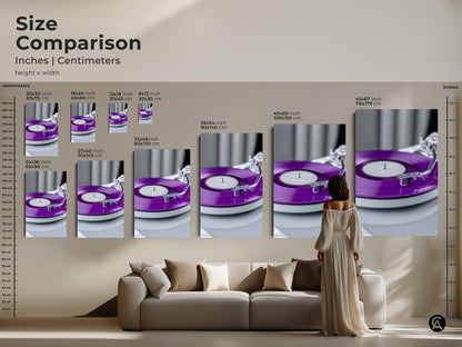 Size comparison of the purple vinyl record art. Artwork ranges from small to extra large. See it displayed above a sofa for scale. Ideal for creating a statement. A unique wall art music piece. Great for aesthetic music poster.