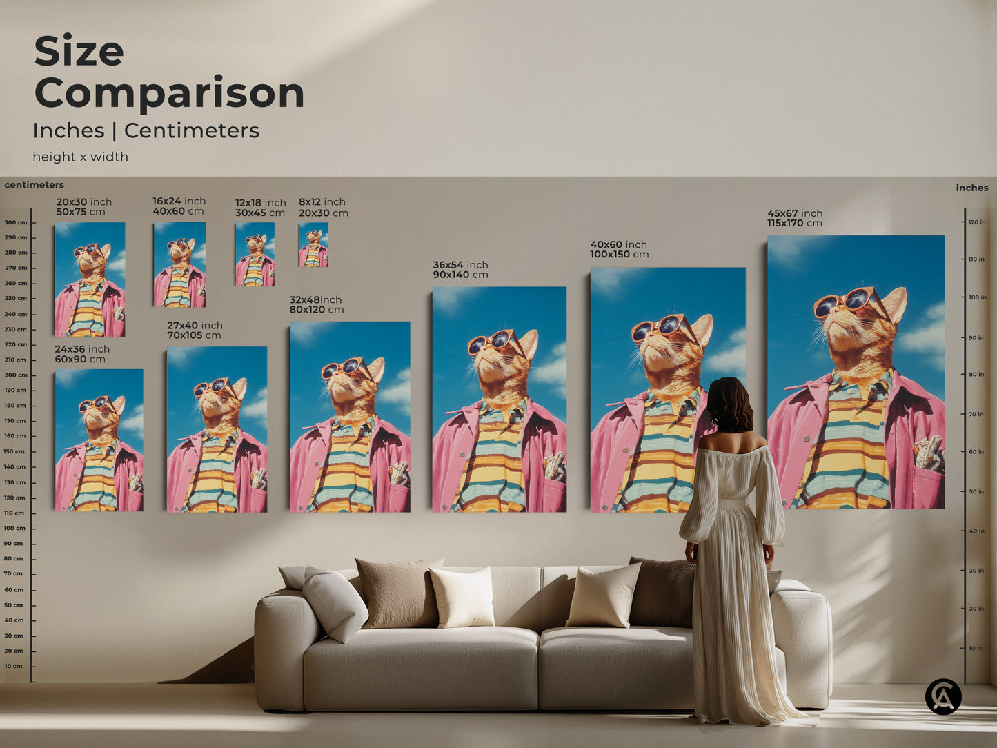 Size comparison of cat artwork in inches and centimeters. See how different sizes of the cat in sunglasses and pink jacket art look in a living room setting. Choose the perfect dimensions for your space. This art is available in various sizes.