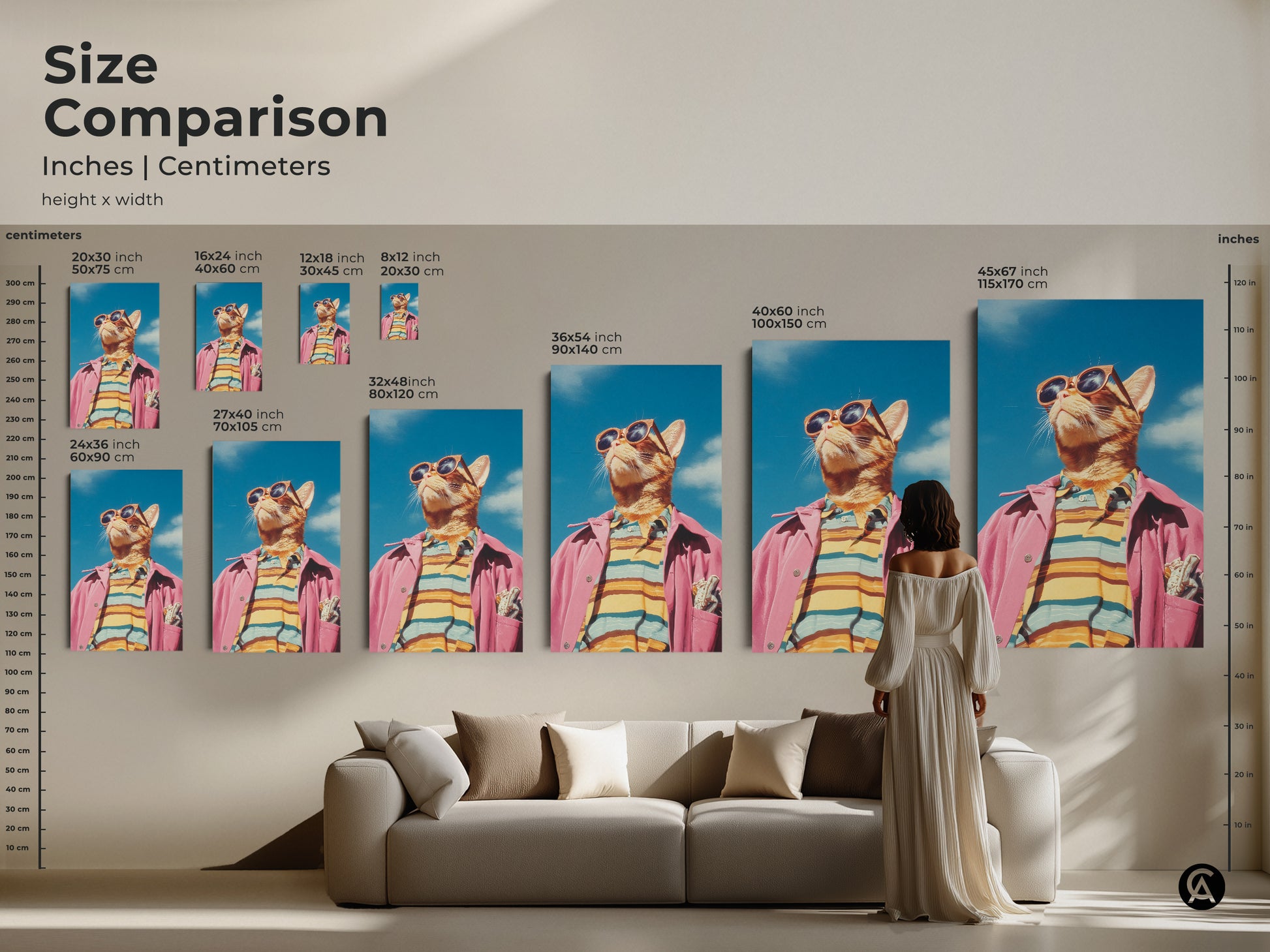 Size comparison of cat artwork in inches and centimeters. See how different sizes of the cat in sunglasses and pink jacket art look in a living room setting. Choose the perfect dimensions for your space. This art is available in various sizes.
