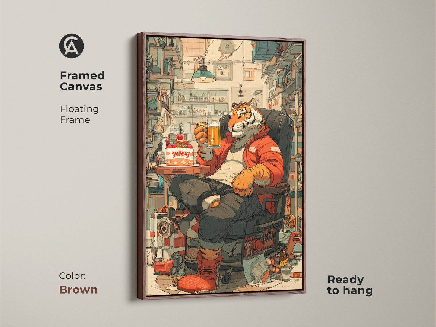 Brown framed canvas of a tiger with beer and cake. This floating frame artwork is ready to hang. Ideal for eclectic home bar art. It's a creative workspace decor and an animal lover gift idea.