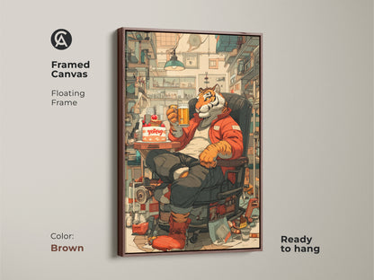Brown framed canvas of a tiger with beer and cake. This floating frame artwork is ready to hang. Ideal for eclectic home bar art. It's a creative workspace decor and an animal lover gift idea.
