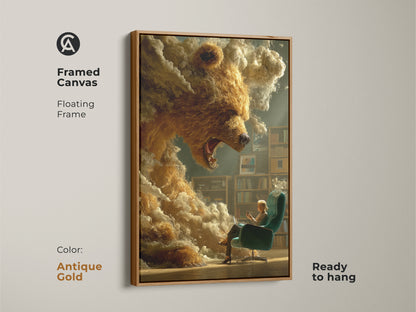 Framed canvas displaying surreal bear art. An antique gold floating frame enhances its appeal. This artwork is ready to hang. The golden hour art print adds a touch of fantasy. Its a conversation piece.