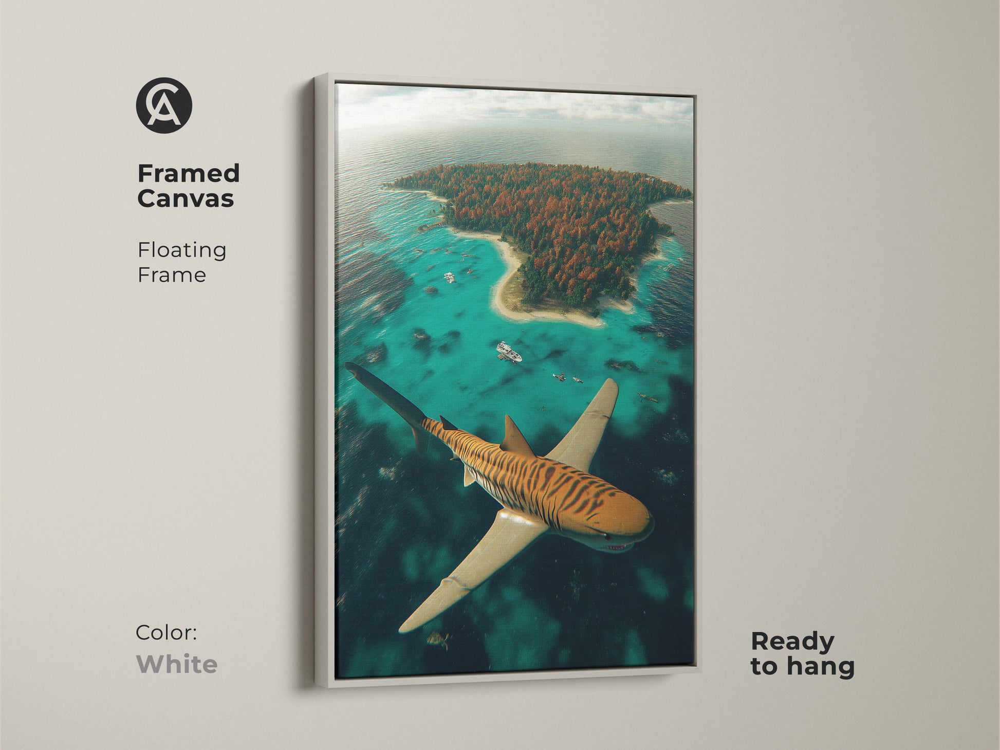 This framed canvas displays a surreal tiger shark. It soars over a tropical island. The white floating frame highlights the vibrant colors of this aerial view shark art. Ready to hang this eclectic home decor piece brings a sense of adventure to any room.