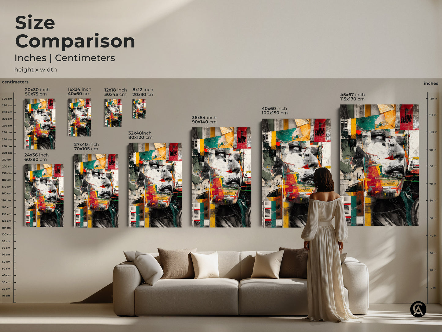 Size comparison of abstract woman face collage art prints. Inches and centimeters measurements available. Choose from various sizes for canvas or poster prints. Eclectic red teal yellow wall art to complement your decor. Modern mixed media artwork for your home or office. Find the perfect fit for your space.