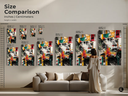 Size comparison of abstract woman face collage art prints. Inches and centimeters measurements available. Choose from various sizes for canvas or poster prints. Eclectic red teal yellow wall art to complement your decor. Modern mixed media artwork for your home or office. Find the perfect fit for your space.