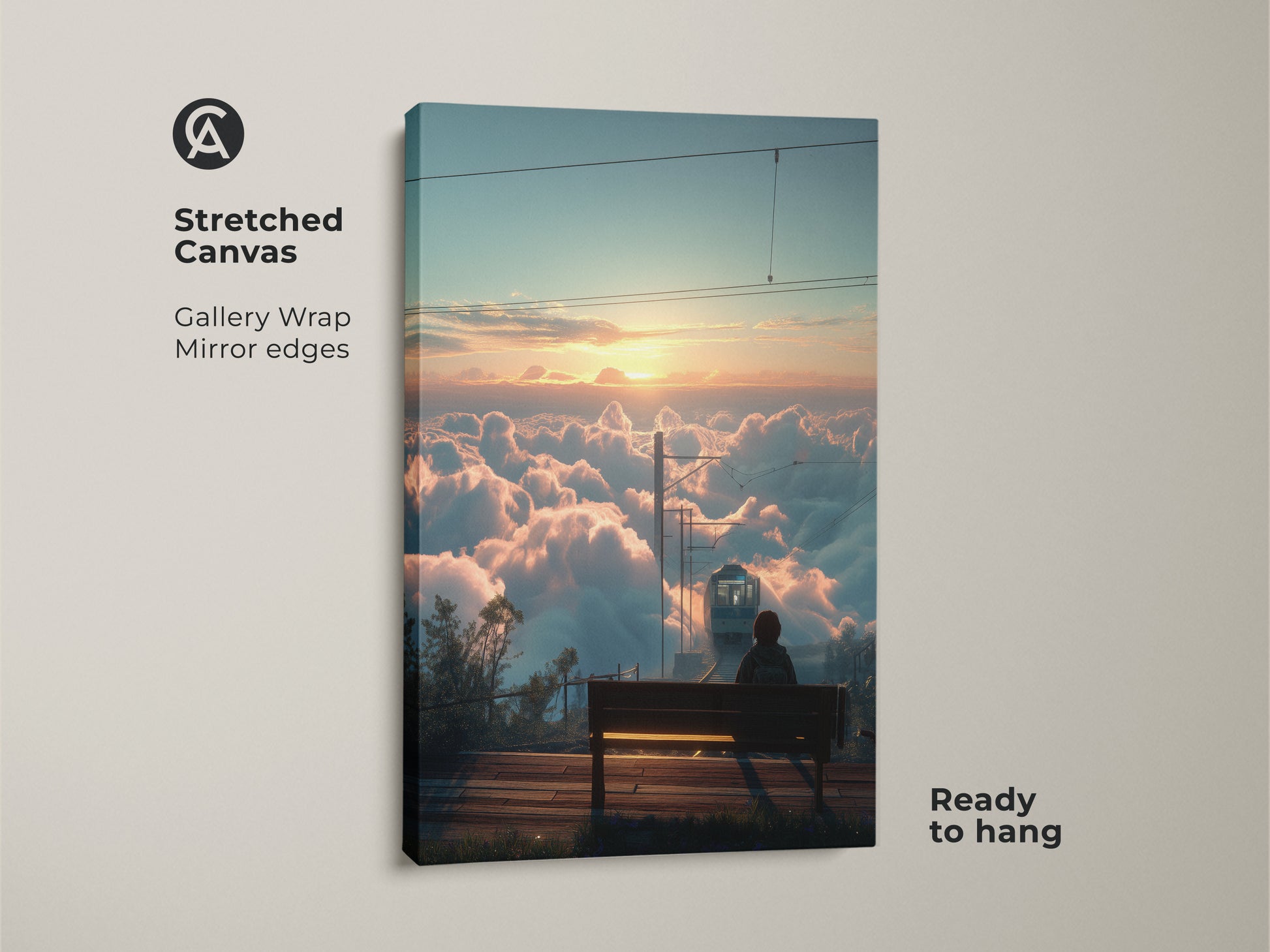 Stretched canvas print featuring a sunrise above the clouds with a train. The gallery wrap and mirror edges create a seamless look. This cinematic landscape wall art is ready to hang. It's dreamy travel artwork that adds a touch of wonder to any room. Perfect nature sunrise print.