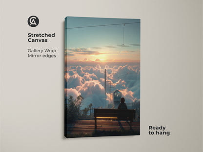 Stretched canvas print featuring a sunrise above the clouds with a train. The gallery wrap and mirror edges create a seamless look. This cinematic landscape wall art is ready to hang. It's dreamy travel artwork that adds a touch of wonder to any room. Perfect nature sunrise print.