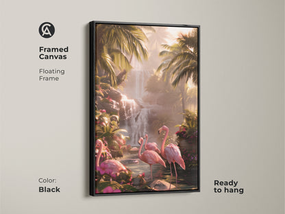 Framed canvas of pink flamingo art in a black floating frame. Tropical waterfall wall art. This boho jungle palm leaves print is ready to hang. Exotic bird wall hanging for a flamingo lover gift idea.