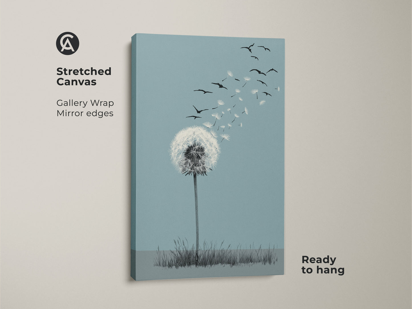 Close-up of a stretched canvas featuring minimalist bird wall art. The botanical line art on canvas showcases a dandelion releasing seeds. This sky blue and white decor embodies Scandinavian home art. Ready to hang and adds a touch of nature-inspired symbolism. This piece is perfect for those who cherish dreams and fresh starts.