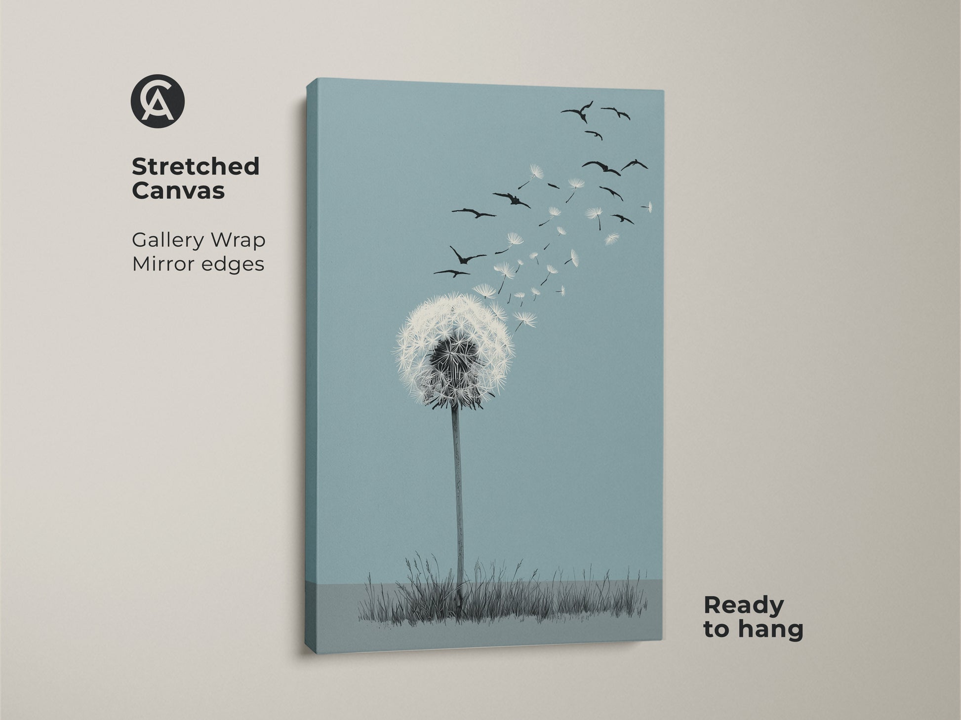 Close-up of a stretched canvas featuring minimalist bird wall art. The botanical line art on canvas showcases a dandelion releasing seeds. This sky blue and white decor embodies Scandinavian home art. Ready to hang and adds a touch of nature-inspired symbolism. This piece is perfect for those who cherish dreams and fresh starts.