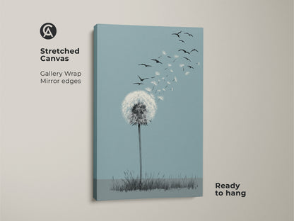 Close-up of a stretched canvas featuring minimalist bird wall art. The botanical line art on canvas showcases a dandelion releasing seeds. This sky blue and white decor embodies Scandinavian home art. Ready to hang and adds a touch of nature-inspired symbolism. This piece is perfect for those who cherish dreams and fresh starts.