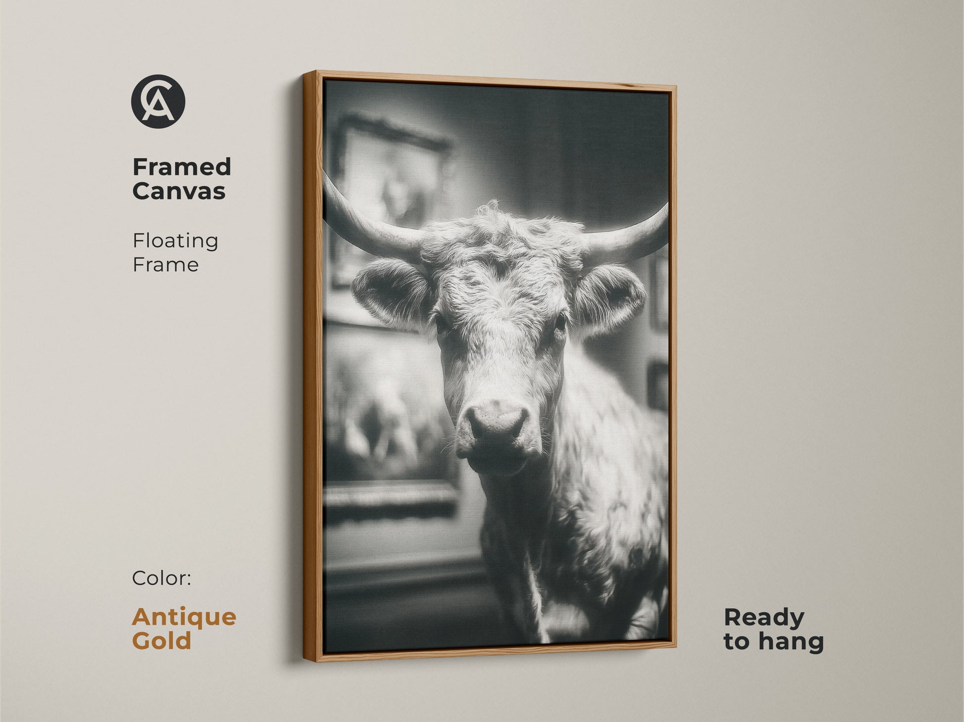 Antique gold framed canvas featuring a black and white Texas Longhorn bull. The ready-to-hang artwork features a floating frame. A unique piece of animal art. It will add a touch of western charm to your decor with this framed canvas.