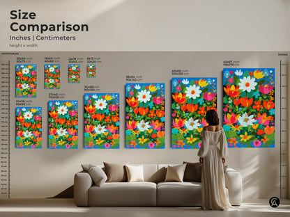 Size comparison of floral artwork in inches and centimeters. See how the botanical art looks in various sizes. Perfect for living room decor. Boho style art.