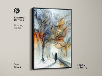 Black framed canvas of an expressive tree landscape. Abstract figurative art in an orange and blue eclectic style. This artwork is ready to hang. It makes a great wall decor for art collectors.