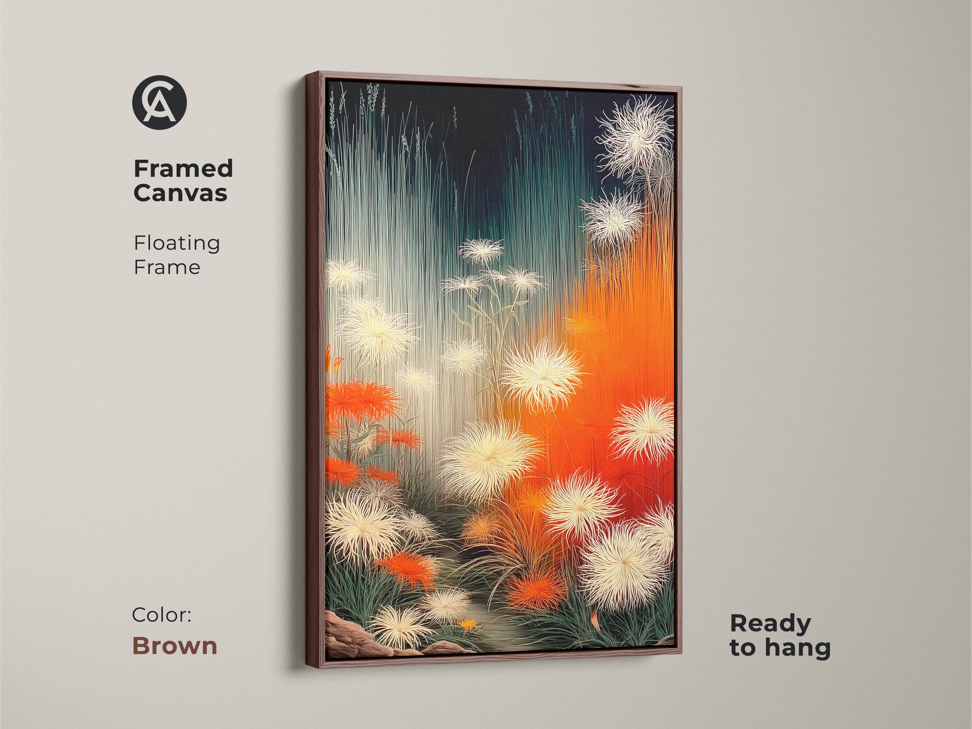 Framed canvas in brown showcasing abstract botanical artwork. This dandelion nature artwork with orange white and teal floral prints is ready to hang. The modern contemporary decor is ideal for minimalist homes and plant lovers. The canvas print adds a sophisticated nature-inspired touch.