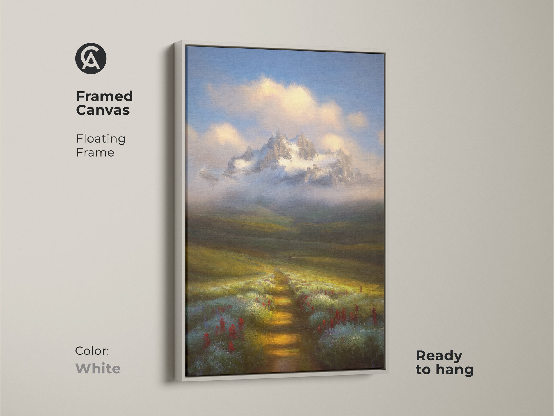 Framed canvas art with a white floating frame featuring a painterly mountain scene. The wildflower path leads to snowy peaks. A serene nature print for home or office.