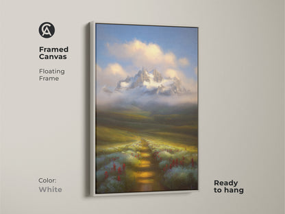 Framed canvas art with a white floating frame featuring a painterly mountain scene. The wildflower path leads to snowy peaks. A serene nature print for home or office.