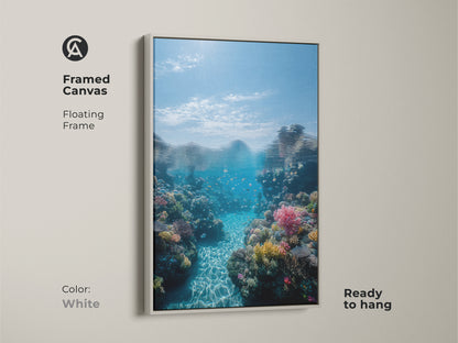 Framed canvas features underwater coral reef artwork with a white floating frame. Ocean life canvas print adds coastal charm and serenity to any room. Ready for beach house decor.