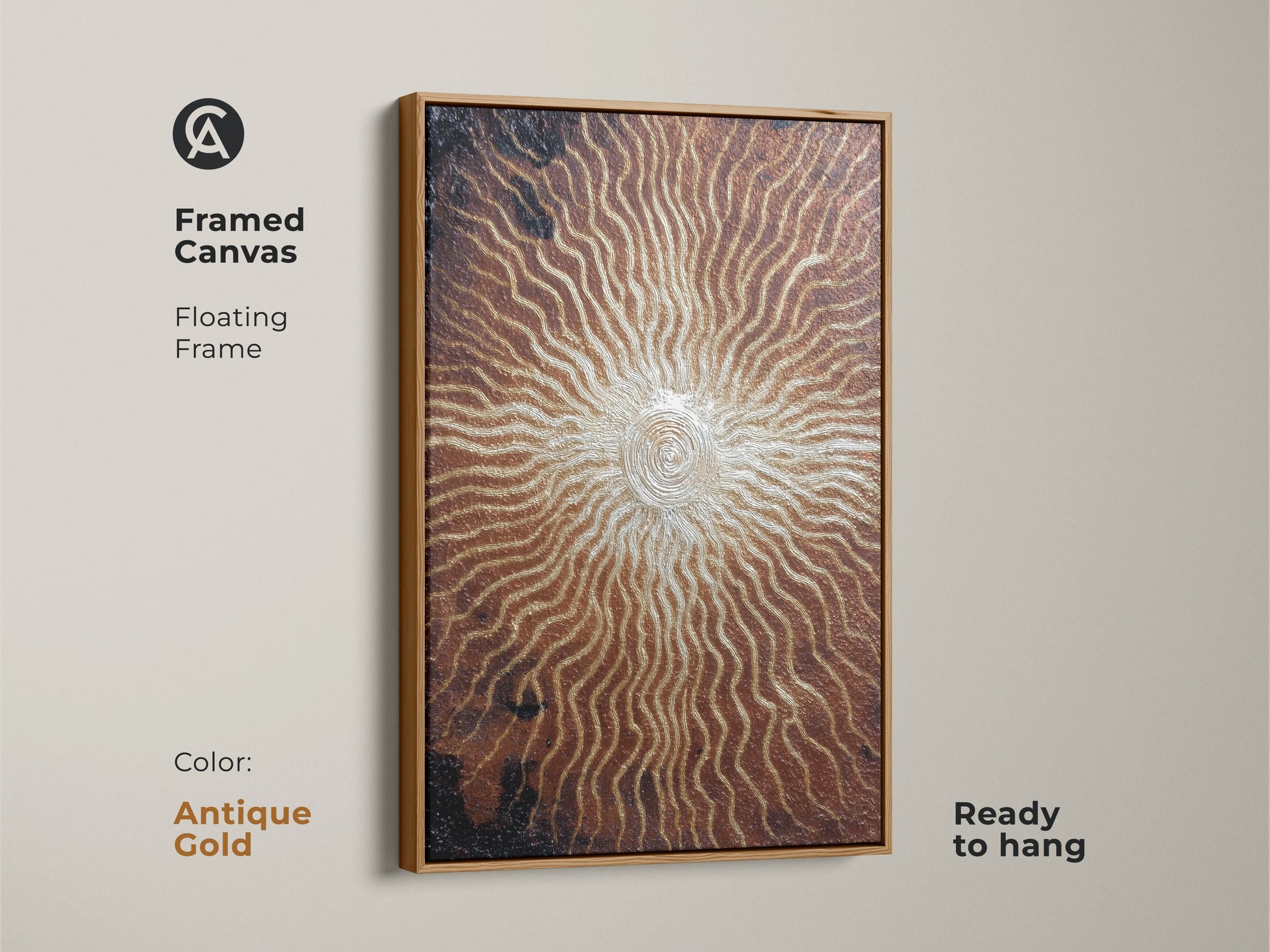 Antique gold framed canvas of spiral sunburst artwork. The abstract textured metallic print adds an eclectic element. Ready to hang this bronze gold artwork makes a great gift. Perfect for modern entryway decor.