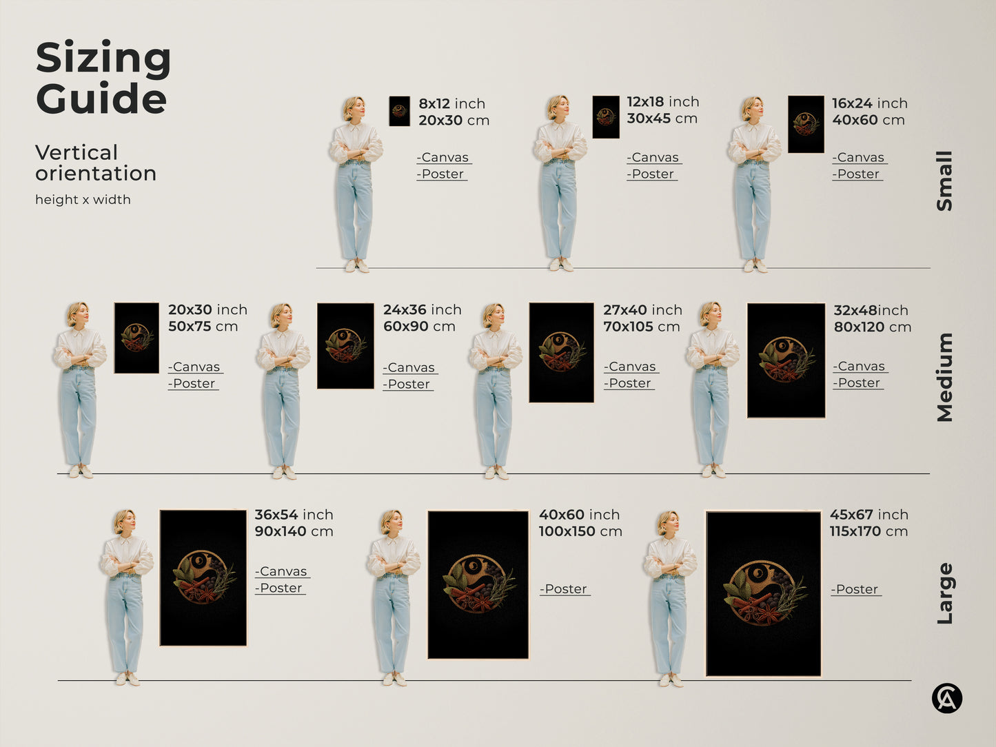 Sizing guide for the spice Yin Yang wall art available in various sizes for canvas and poster prints. Find the perfect dimensions to complement your modern kitchen wall art. From small accents to large statement pieces enhance your home decor effortlessly.