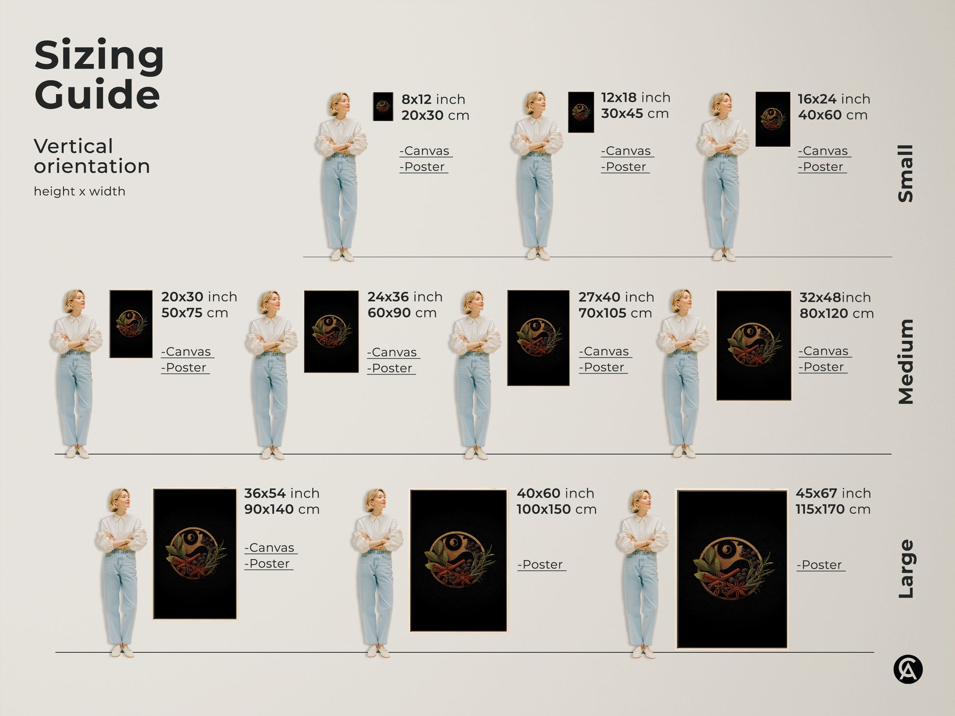Sizing guide for the spice Yin Yang wall art available in various sizes for canvas and poster prints. Find the perfect dimensions to complement your modern kitchen wall art. From small accents to large statement pieces enhance your home decor effortlessly.