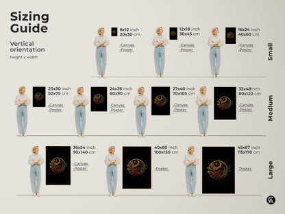 Sizing guide for the spice Yin Yang wall art available in various sizes for canvas and poster prints. Find the perfect dimensions to complement your modern kitchen wall art. From small accents to large statement pieces enhance your home decor effortlessly.