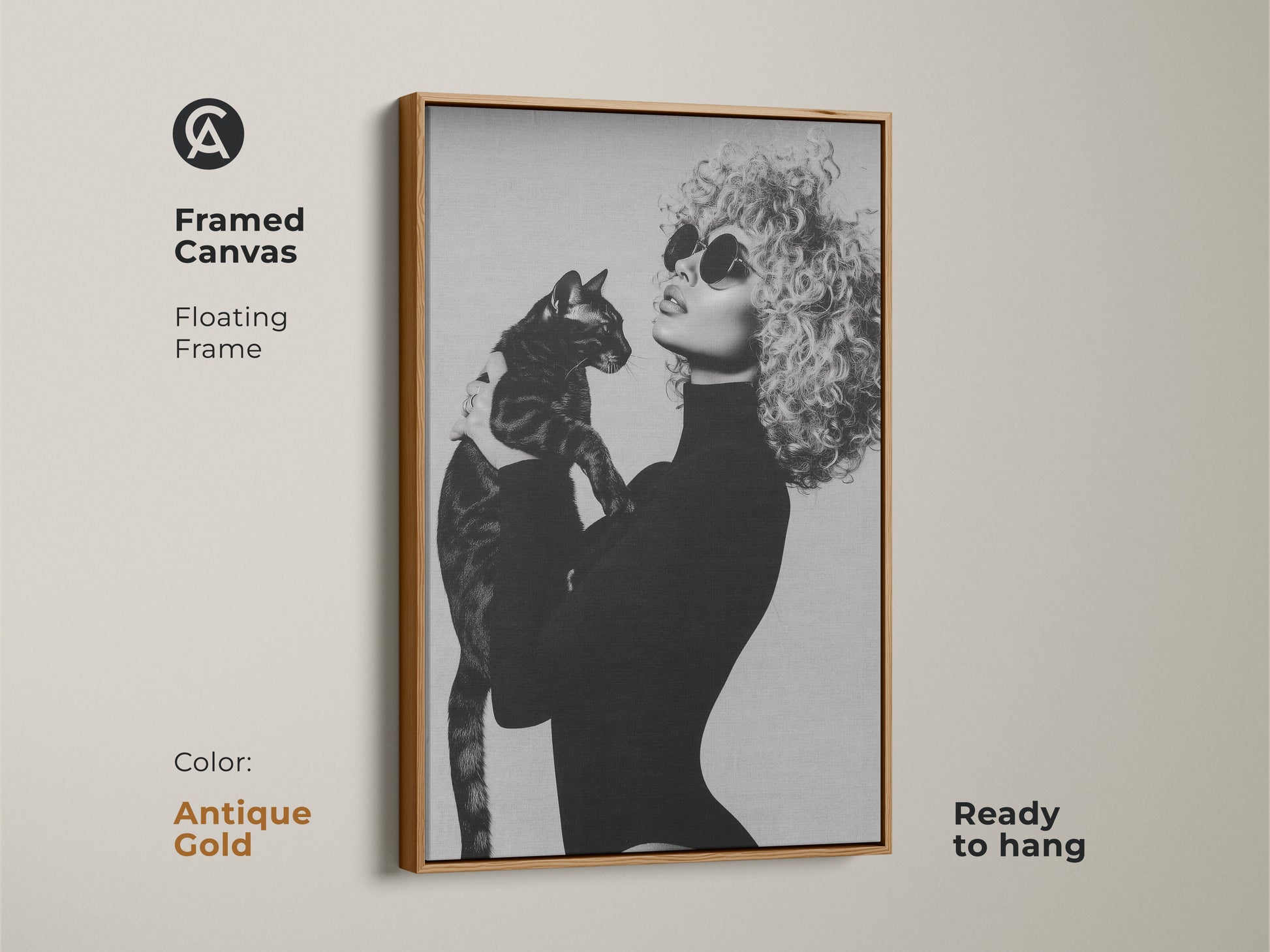Framed canvas with an antique gold floating frame showcasing monochrome art of a woman with a cat. This black and white portrait adds glamour and contemporary style to your home. Ready to hang this artwork is a perfect sophisticated gift for cat moms.