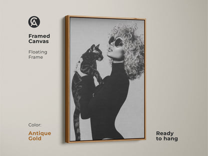 Framed canvas with an antique gold floating frame showcasing monochrome art of a woman with a cat. This black and white portrait adds glamour and contemporary style to your home. Ready to hang this artwork is a perfect sophisticated gift for cat moms.