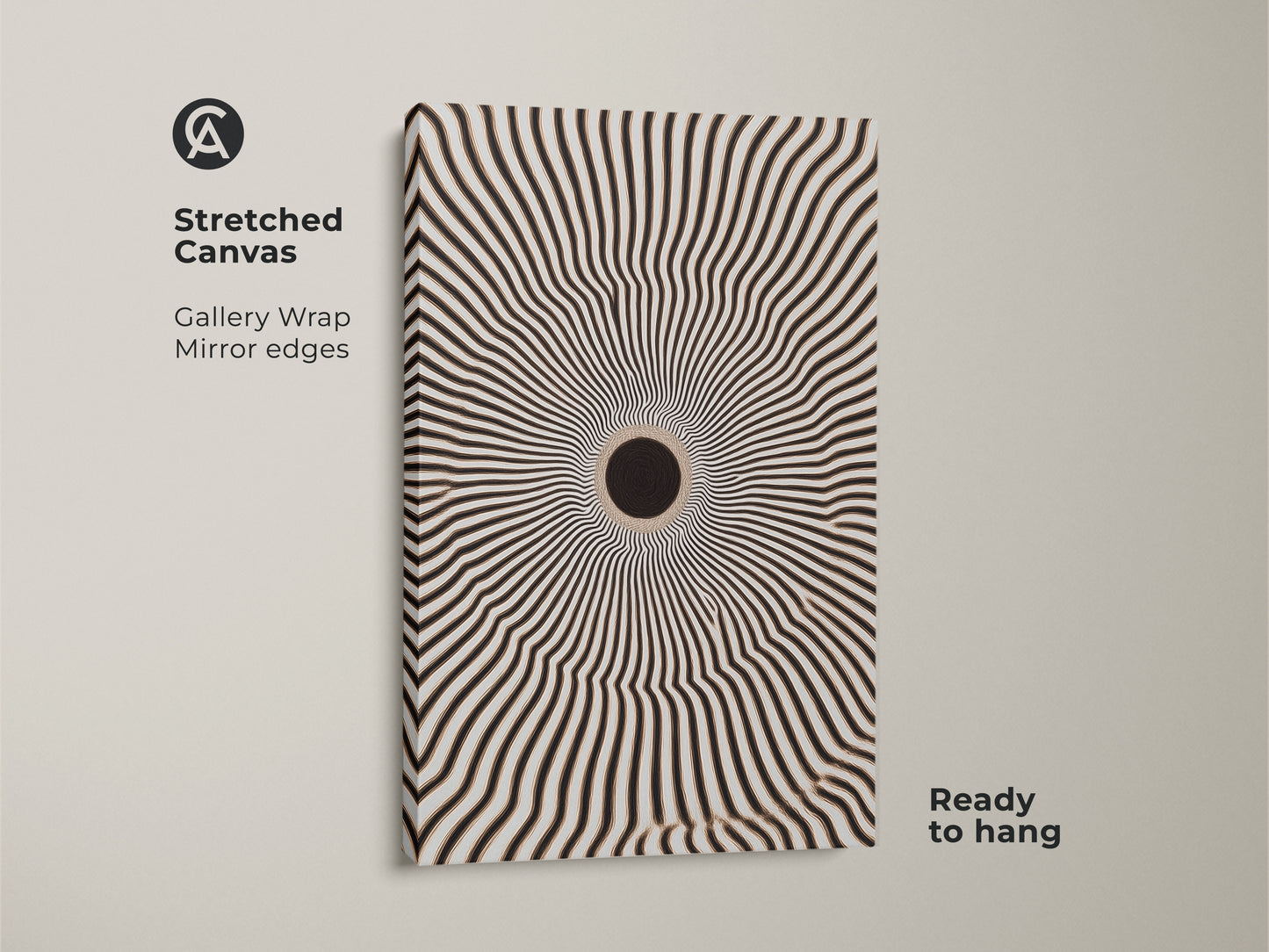 Stretched canvas featuring abstract geometric artwork. Black and white radial burst creates an optical illusion. Gallery wrapped with mirrored edges it is ready to hang. Perfect minimalist home decor for a modern touch.