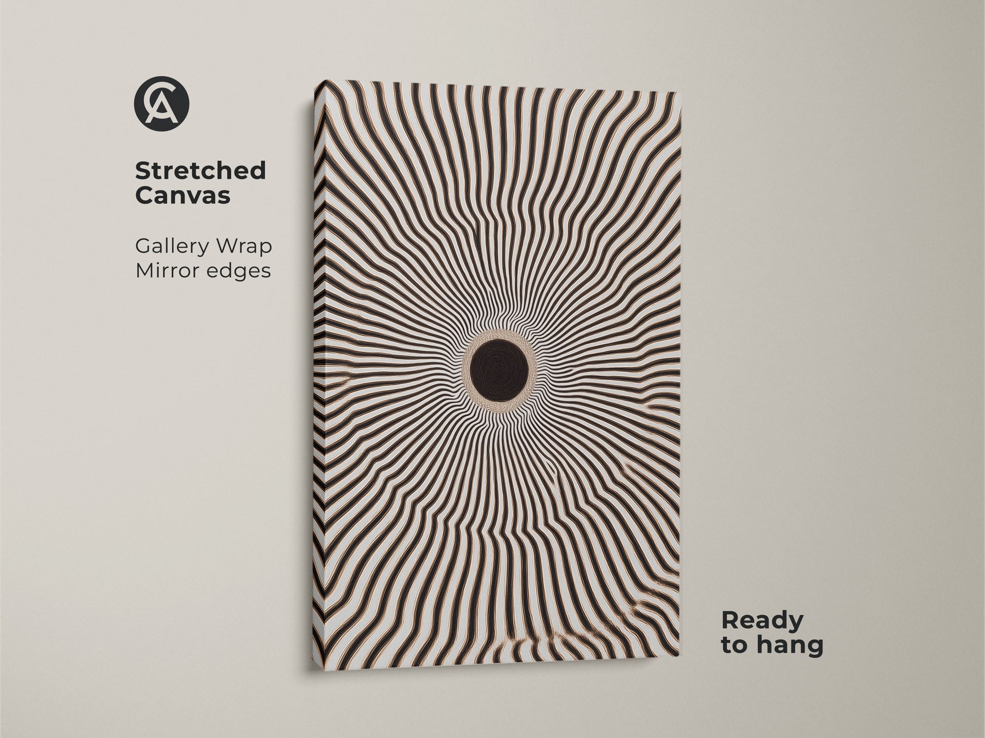 Stretched canvas featuring abstract geometric artwork. Black and white radial burst creates an optical illusion. Gallery wrapped with mirrored edges it is ready to hang. Perfect minimalist home decor for a modern touch.