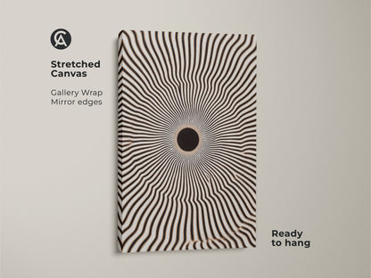 Stretched canvas featuring abstract geometric artwork. Black and white radial burst creates an optical illusion. Gallery wrapped with mirrored edges it is ready to hang. Perfect minimalist home decor for a modern touch.