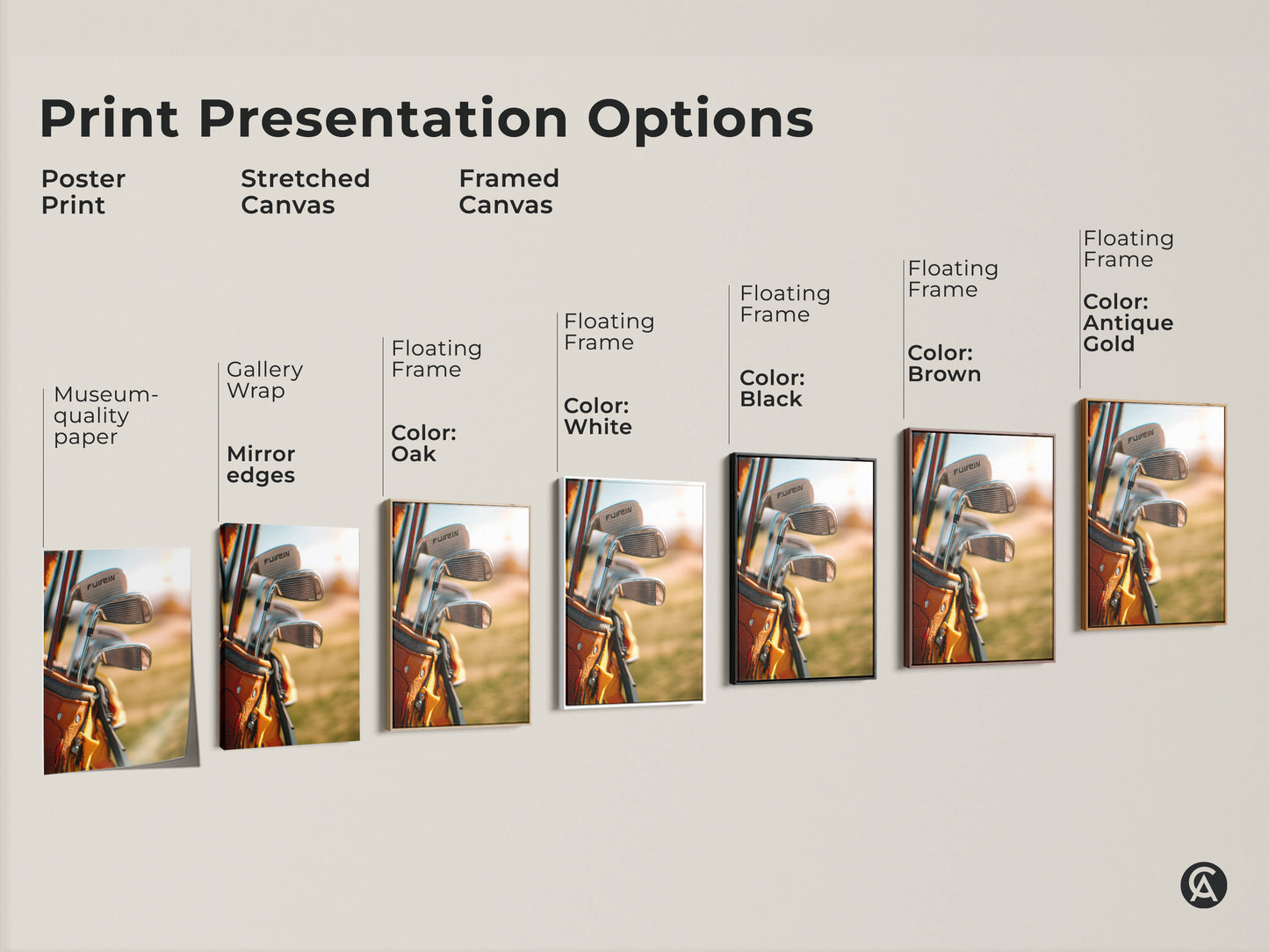 Print presentation options for golf club artwork. Choose from poster print stretched canvas or framed canvas. Options include gallery wrap floating frame and museum-quality paper. Find the perfect style for your space