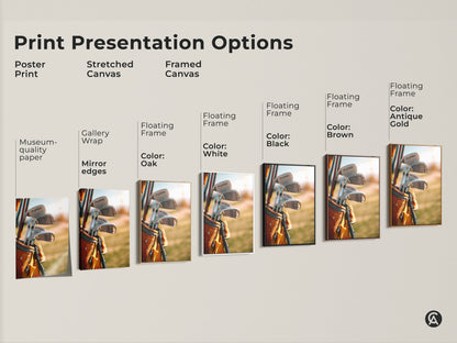 Print presentation options for golf club artwork. Choose from poster print stretched canvas or framed canvas. Options include gallery wrap floating frame and museum-quality paper. Find the perfect style for your space