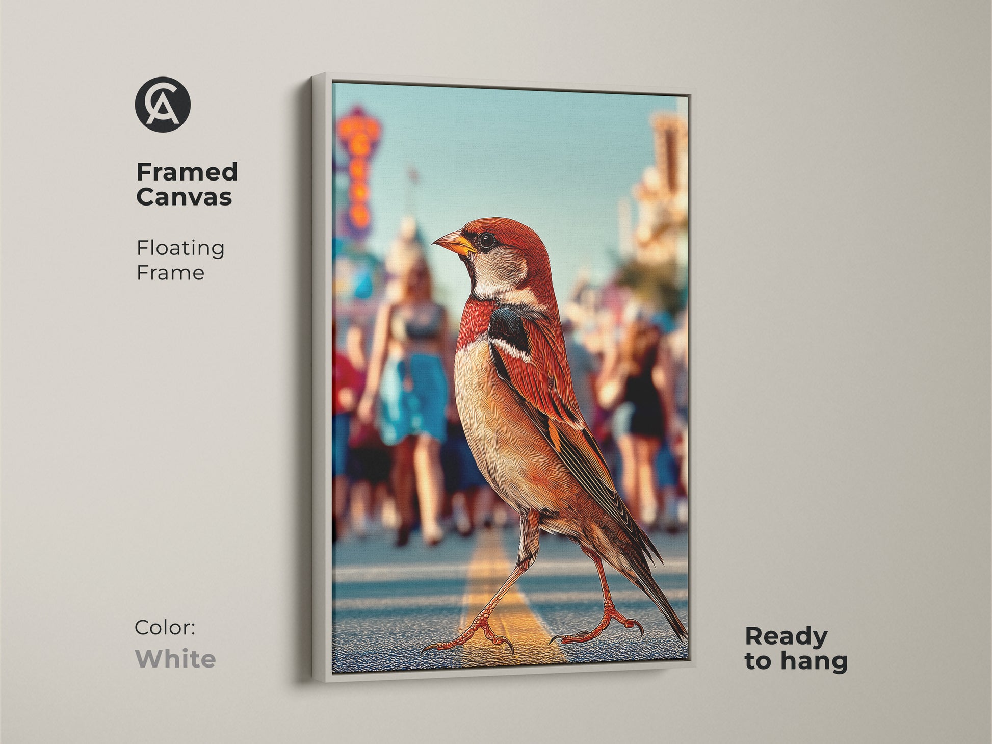 Framed canvas featuring a sparrow in an urban street scene ready to hang. The floating frame is white which complements the contemporary art. This urban wildlife canvas art uses orange brown teal colors perfect for modern entryway decor for nature and city lovers.
