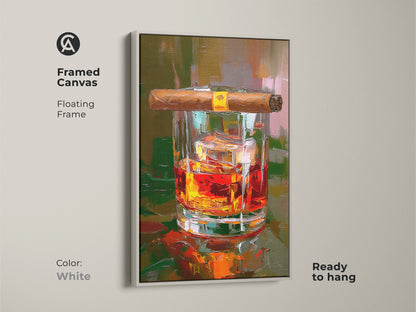 This framed canvas showcases amber orange whiskey and cigar art in a floating white frame. The food and drink wall art is ready to hang. Its clean modern aesthetic complements various interior styles. This bourbon drink lifestyle artwork is great for home bar decoration. A stylish gift for whiskey lovers.