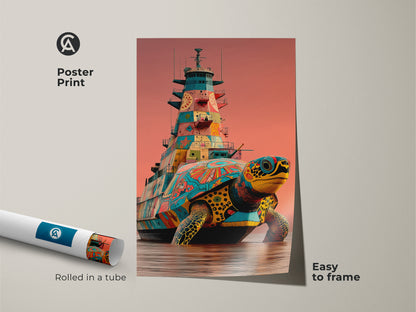 Behold this poster print showcasing a surreal turtle battleship. This pop art turtle canvas is delivered rolled in a tube ready for easy framing. It adds a touch of fantasy to your decor. The teal orange yellow art brings marine life whimsy. Perfect for offices this unique animal artwork offers a splash of color and creativity