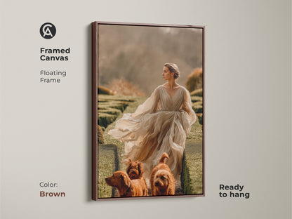 A framed canvas featuring a woman with dogs in a garden scene. The brown floating frame enhances the romanticism artwork. It's a classic piece for elegant home decor. The canvas is ready to hang offering a timeless style.