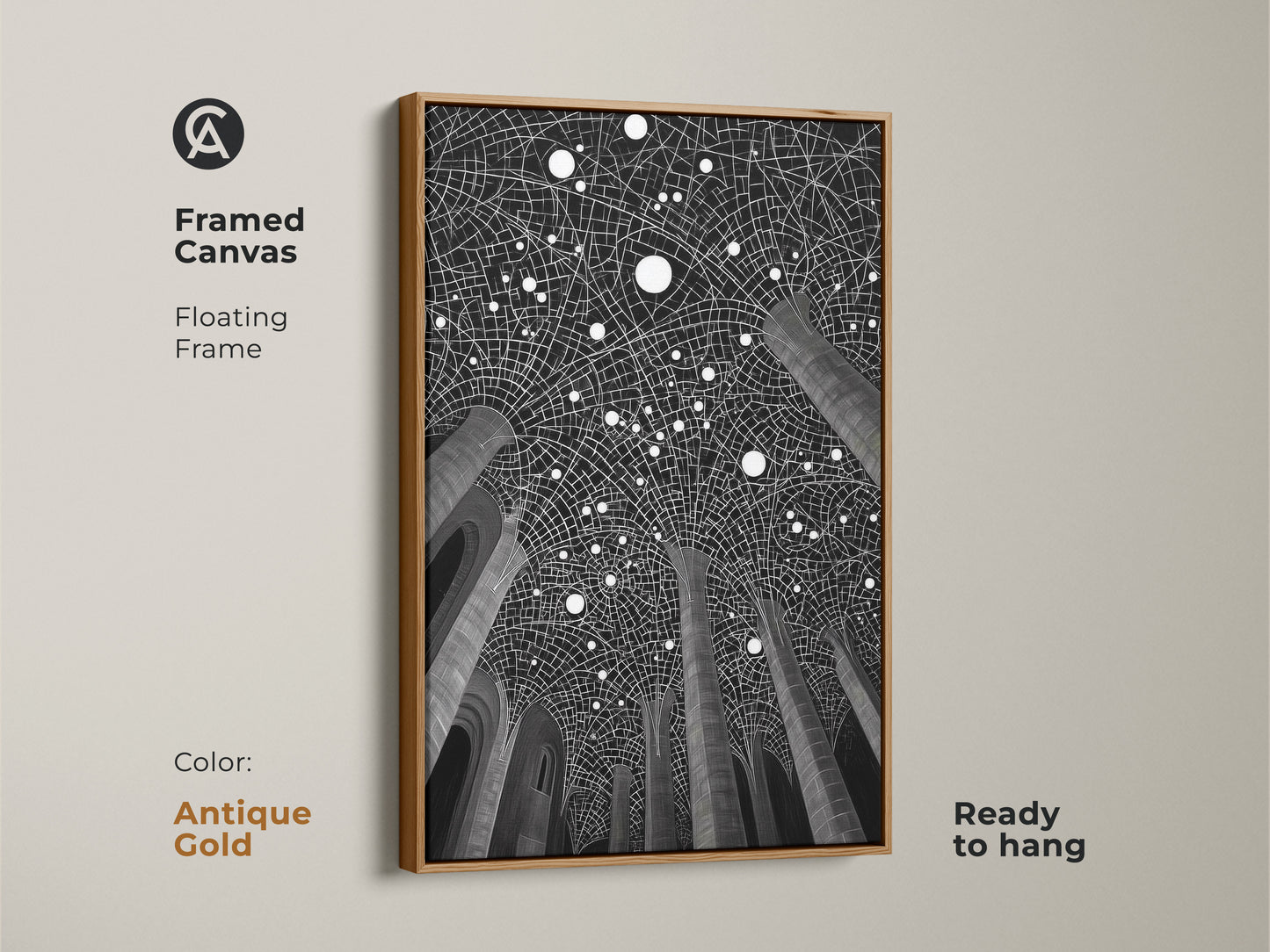 Framed canvas with column abstract artwork. The Antique Gold frame features a floating frame. An abstract black and white geometric art print. Ready to hang for minimalist home decor. A housewarming gift.
