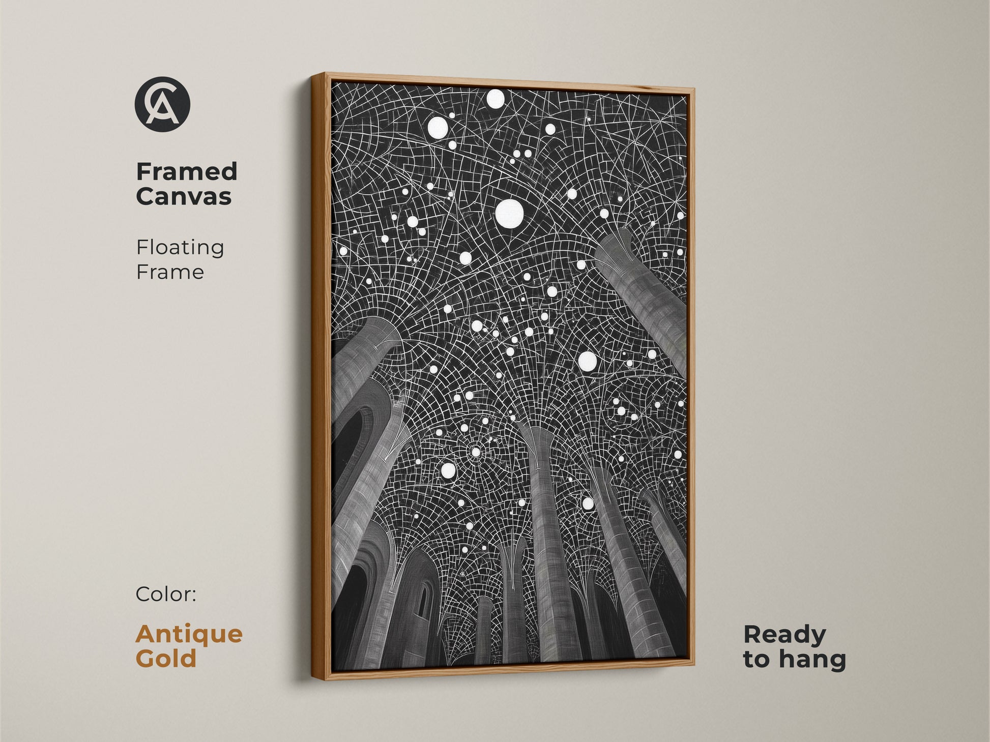 Framed canvas with column abstract artwork. The Antique Gold frame features a floating frame. An abstract black and white geometric art print. Ready to hang for minimalist home decor. A housewarming gift.