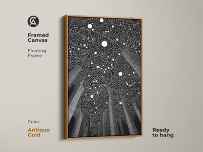 Framed canvas with column abstract artwork. The Antique Gold frame features a floating frame. An abstract black and white geometric art print. Ready to hang for minimalist home decor. A housewarming gift.