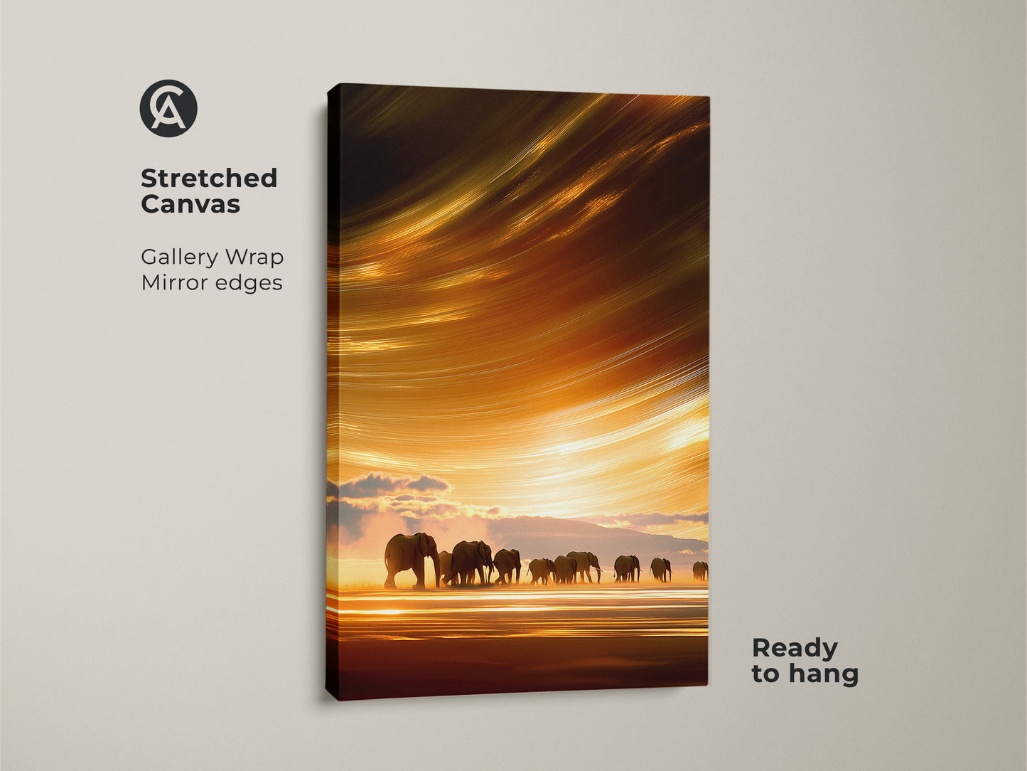 Stretched canvas art featuring abstract elephants with a sunset backdrop. This boho savanna landscape art showcases an orange yellow gold animal print. The gallery wrap and mirrored edges makes it ready to hang.