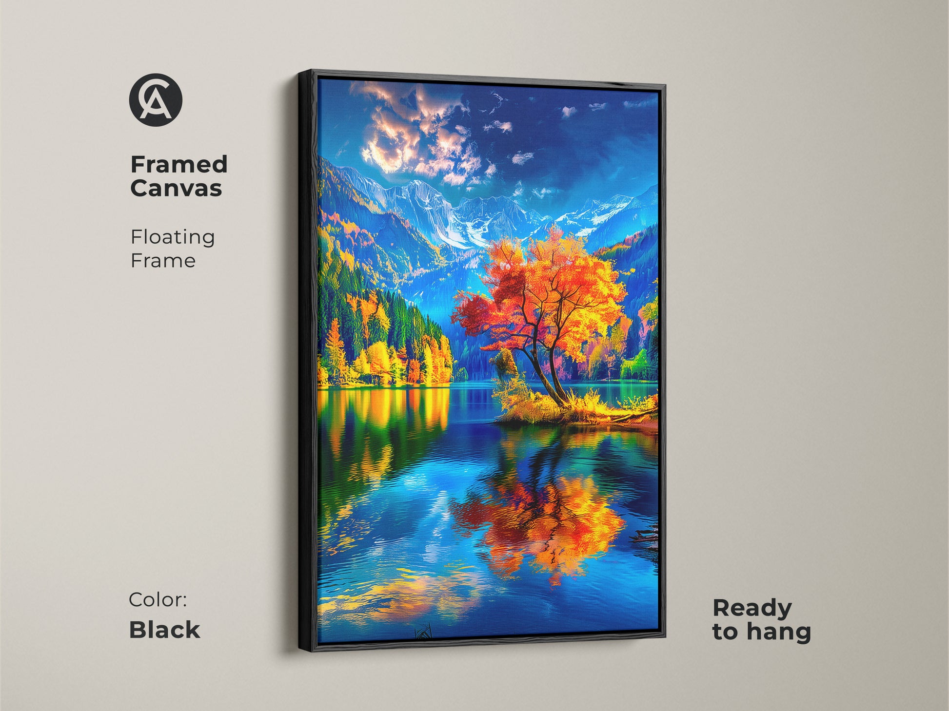 Enhance your home decor with this framed canvas art. The floating frame in black highlights a stunning autumn landscape. An orange tree stands out against the serene lake and majestic mountains. Ready to hang this piece adds a touch of elegance to any room. Shop now and transform your space.