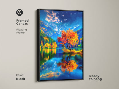 Enhance your home decor with this framed canvas art. The floating frame in black highlights a stunning autumn landscape. An orange tree stands out against the serene lake and majestic mountains. Ready to hang this piece adds a touch of elegance to any room. Shop now and transform your space.