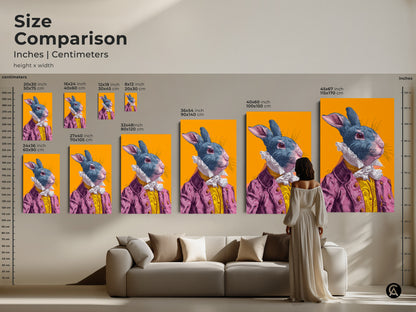 Size comparison of rabbit artwork in inches and centimeters. See the artwork displayed in various sizes. Perfect for a living room setting. The artwork is available as a canvas or poster print.