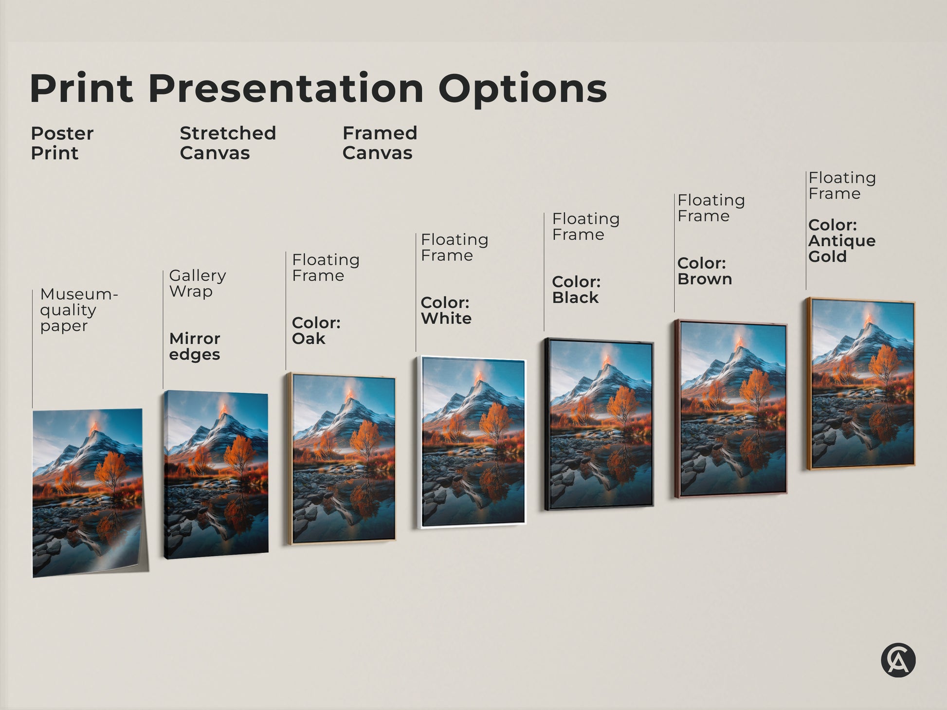 Print presentation options for rustic mountain landscape canvas. Options include poster print stretched canvas and framed canvas. Floating frame colors include Black Brown Antique Gold and White. Perfect wall art for nature lovers and an ideal housewarming gift. The snowy volcano art complements rustic interiors.
